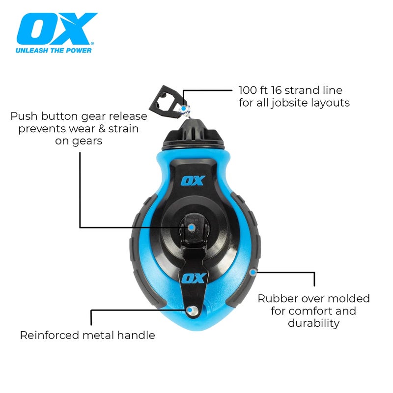 OX Tools OX-P027731 Chalk Line - 100' Thick Line, Curved Hook, 6:1 Gear Ratio, Metal Handle, Easy Top Load, Ergonomic Shape & Rubber Grips - Ideal for Deck Builders, Framers, Roofers - Image 2